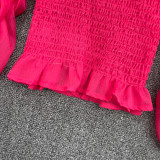 Spring Sexy Deep V-Neck Ruffled Slim Waist Lantern Sleeve Chiffon Shirt