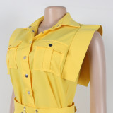 Elegant Career Solid Color Turndown Collar Sleeveless Shirt Slit Long Skirt Two-Piece Set