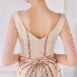 Women Summer Romantic V-neck Short Sleeves Sequined Mermaid Fringed Evening Dress