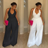 Elegant Halter Neck V-Neck Low-Back Solid Color Wide-Leg Jumpsuit