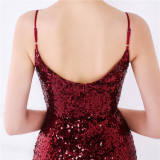 Women Summer Romantic Strap Sleeveless Solid Sequined Mermaid Evening Dress