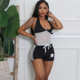 Women's Crop Hollow Contrast Low-Back Vest Shorts Two-Piece Set