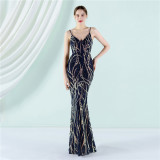 Women Summer Vintage Strap Sleeveless Striped Print Sequined Evening Dress