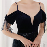 Spring Elegant Sequin Strap Off Shoulder Tassels Short Sleeve V-Neck Slit Long Evening Dress