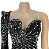 Women Spring Summer Beaded Strapless Shawl Long Sleeve Evening Dress