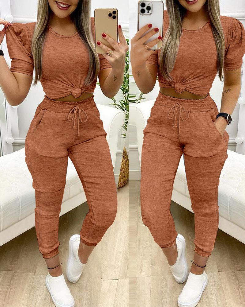 Round Neck Puff Sleeve Top Pants Two-Piece Set