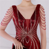 Women Summer Romantic V-neck Short Sleeves Sequined Mermaid Fringed Evening Dress