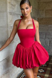 Women Summer Halter Neck Tie-Drawn Bow Puffy Dress
