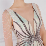 Women Summer Romantic V-neck Short Sleeves Sequined Mermaid Fringed Evening Dress