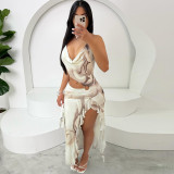 Women's Spring/Summer Contrast Color Halter Neck Irregular Print Dress