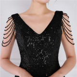 Women Summer Modest V-neck Sleeveless Sequined Mini Slit Club Dress