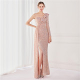 Winter Elegant Sequins Ruffled One Shoulder Long Sleeve Slit Formal Party Evening Dress