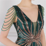 Women Summer Romantic V-neck Short Sleeves Sequined Mermaid Fringed Evening Dress