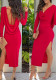 Women's Red Low-Back Long Sleeve Side Slit Long Dress