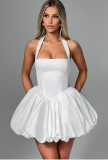 Women Summer Halter Neck Tie-Drawn Bow Puffy Dress