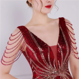 Women Summer Romantic V-neck Short Sleeves Sequined Mermaid Fringed Evening Dress