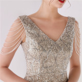 Women Summer Modest V-neck Sleeveless Sequined Mini Slit Club Dress