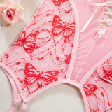 Sexy Butterfly Embroidery Lace-Up Three-Piece Lingerie Set