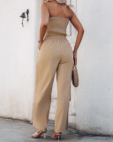 Button Strapless Top & Wide Leg Pants Set