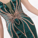Women Summer Romantic V-neck Short Sleeves Sequined Mermaid Fringed Evening Dress
