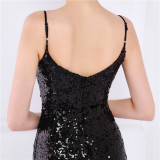 Women Summer Romantic Strap Sleeveless Solid Sequined Mermaid Evening Dress