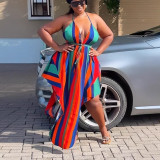 Sexy Low-Back Printed Halter Neck Lace-Up High-Slit Maxi Dress