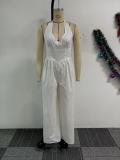 Elegant Halter Neck V-Neck Low-Back Solid Color Wide-Leg Jumpsuit
