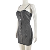 Elastic Denim Strap Single-Breasted Short Bodycon Dress