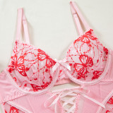 Sexy Butterfly Embroidery Lace-Up Three-Piece Lingerie Set