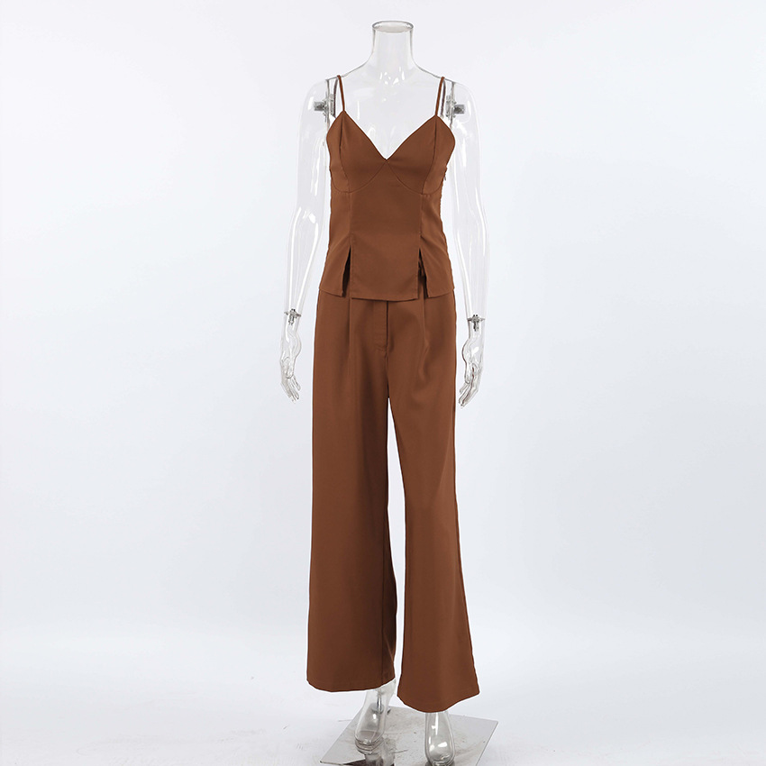 Women Brown Sleeveless Suspender V-Neck Slit Tank Top Long Pants Two-piece Set