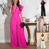 Women's Summer Fashion Zipper V-Neck Ruffle Sleeve Jumpsuit