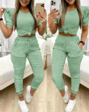 Round Neck Puff Sleeve Top Pants Two-Piece Set