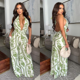 Women Casual Sexy V-Neck Backless Print Jumpsuit