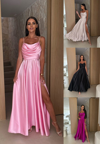 Women's Summer Sexy Low-Back Solid Color Strap Slit Dress