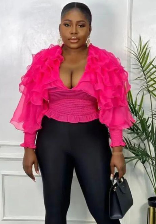 Spring Sexy Deep V-Neck Ruffled Slim Waist Lantern Sleeve Chiffon Shirt