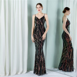 Women Summer Vintage Strap Sleeveless Striped Print Sequined Evening Dress