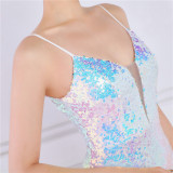 Women Summer Romantic Strap Sleeveless Solid Sequined Mermaid Evening Dress