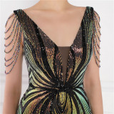 Women Summer Romantic V-neck Short Sleeves Sequined Mermaid Fringed Evening Dress