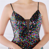 Women Summer Romantic Strap Sleeveless Solid Sequined Mermaid Evening Dress