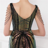 Women Summer Romantic V-neck Short Sleeves Sequined Mermaid Fringed Evening Dress