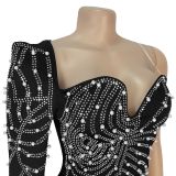 Women Spring Summer Beaded Strapless Shawl Long Sleeve Evening Dress