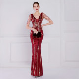 Women Summer Romantic V-neck Short Sleeves Sequined Mermaid Fringed Evening Dress