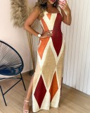 Women summer sleeveless contrast color sexy slit dress