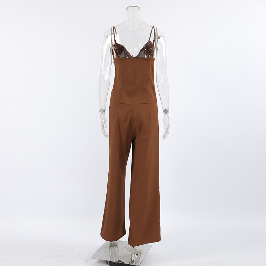 Women Brown Sleeveless Suspender V-Neck Slit Tank Top Long Pants Two-piece Set