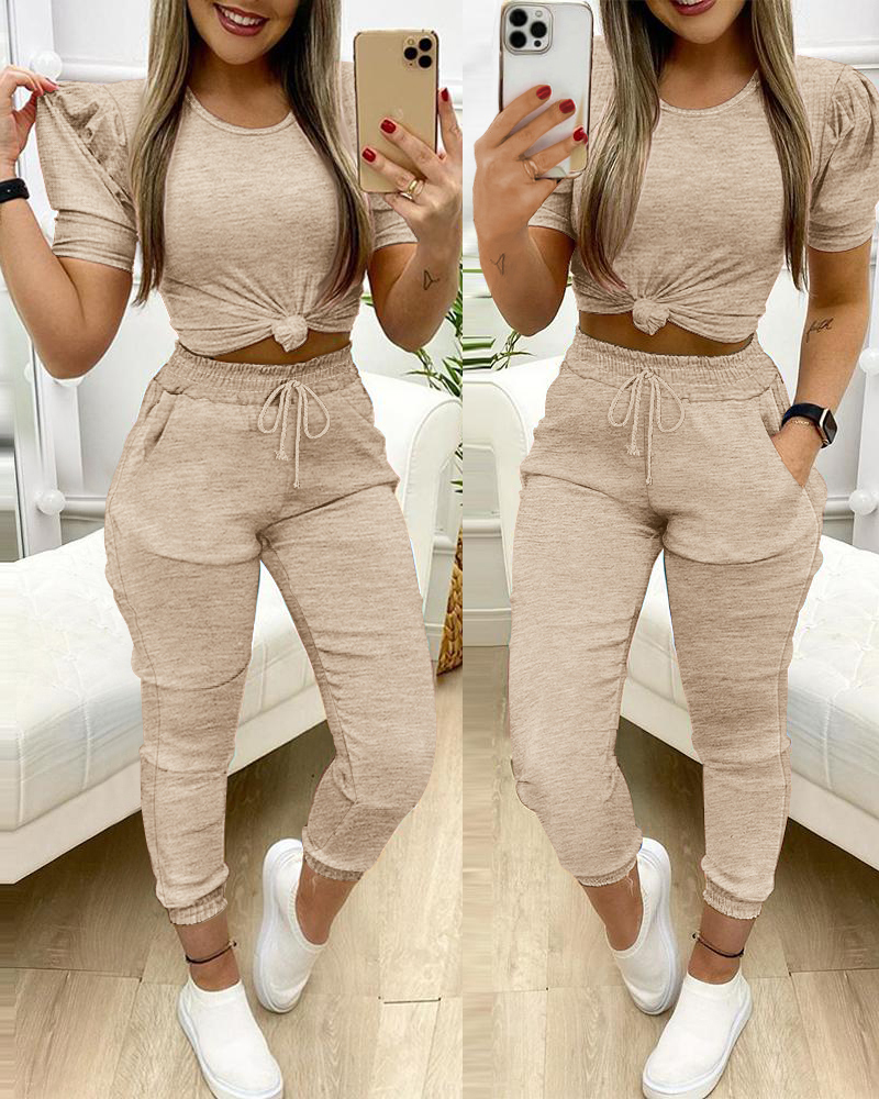 Round Neck Puff Sleeve Top Pants Two-Piece Set