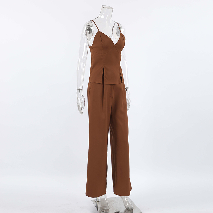 Women Brown Sleeveless Suspender V-Neck Slit Tank Top Long Pants Two-piece Set