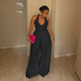 Elegant Halter Neck V-Neck Low-Back Solid Color Wide-Leg Jumpsuit