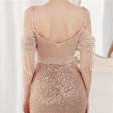 Spring Elegant Sequin Strap Off Shoulder Tassels Short Sleeve V-Neck Slit Long Evening Dress