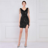 Women Summer Modest V-neck Sleeveless Sequined Mini Slit Club Dress