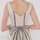 Women Summer Romantic V-neck Short Sleeves Sequined Mermaid Fringed Evening Dress